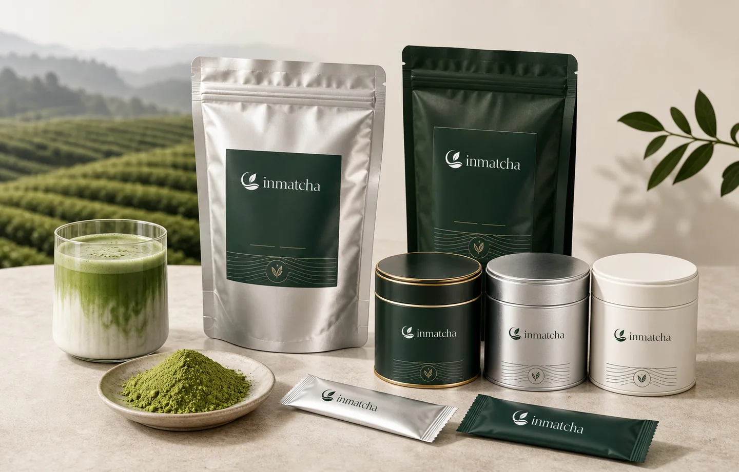 Branded InMatcha aluminum foil pouches, premium tins, sample sachets, powder, and latte prepared for commercial buyer review