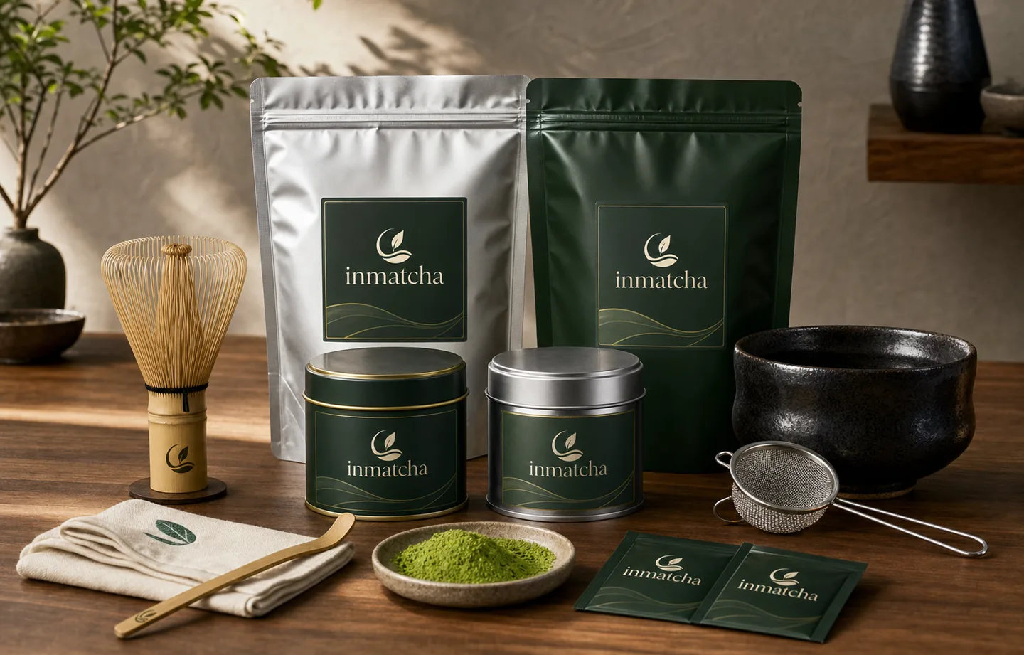 Branded private label matcha ritual kit with aluminum foil pouches, premium tins, powder, and preparation accessories