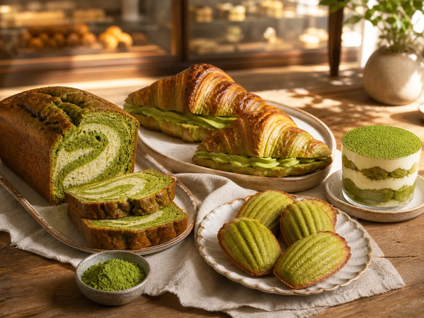 Matcha pound cake, cookies, tart, dessert cup, and matcha powder for bakery application testing