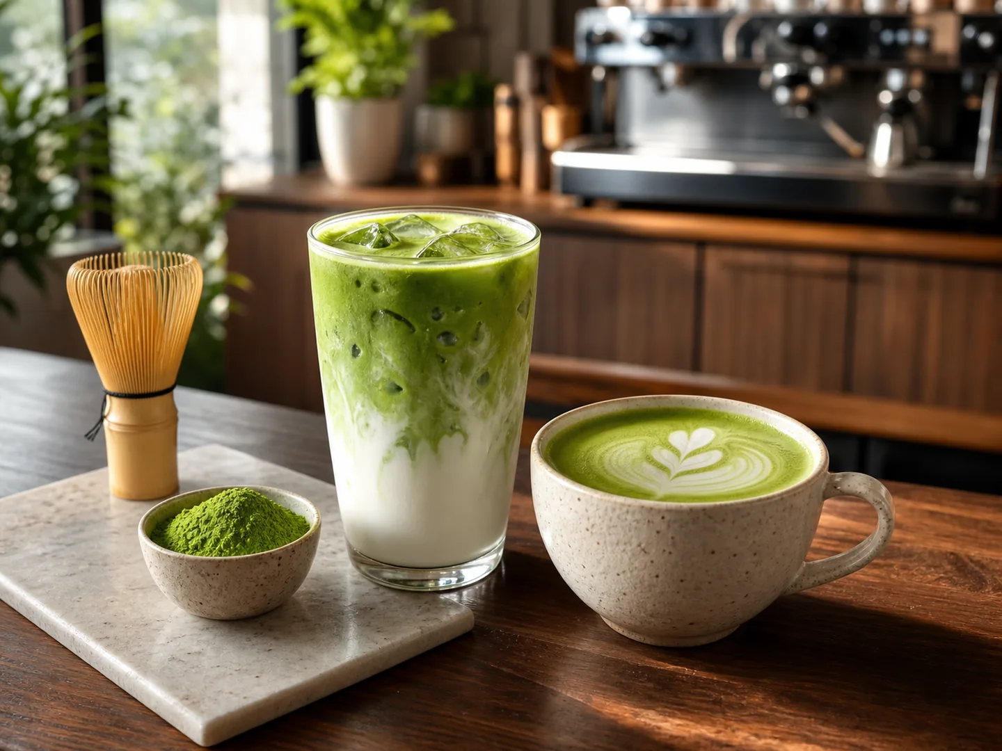 Finished hot and iced matcha lattes with matcha powder and bamboo whisk on a cafe counter