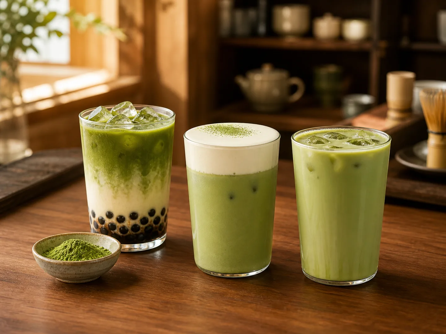 Matcha milk tea and matcha tea latte drinks in clear cups with tapioca pearls